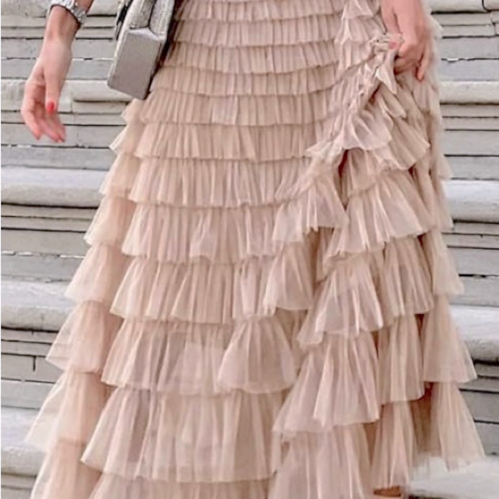 Elegant Pink Beige Layered Skirt SZ M - Picture 4 of 9